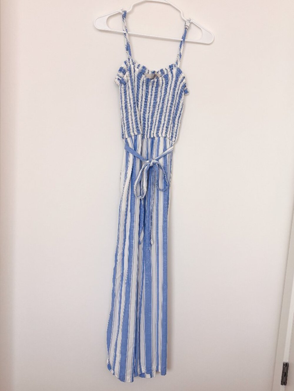 LOFT Blue White Striped Smocked Wide Leg Jumpsuit Small Tie Waist Coastal